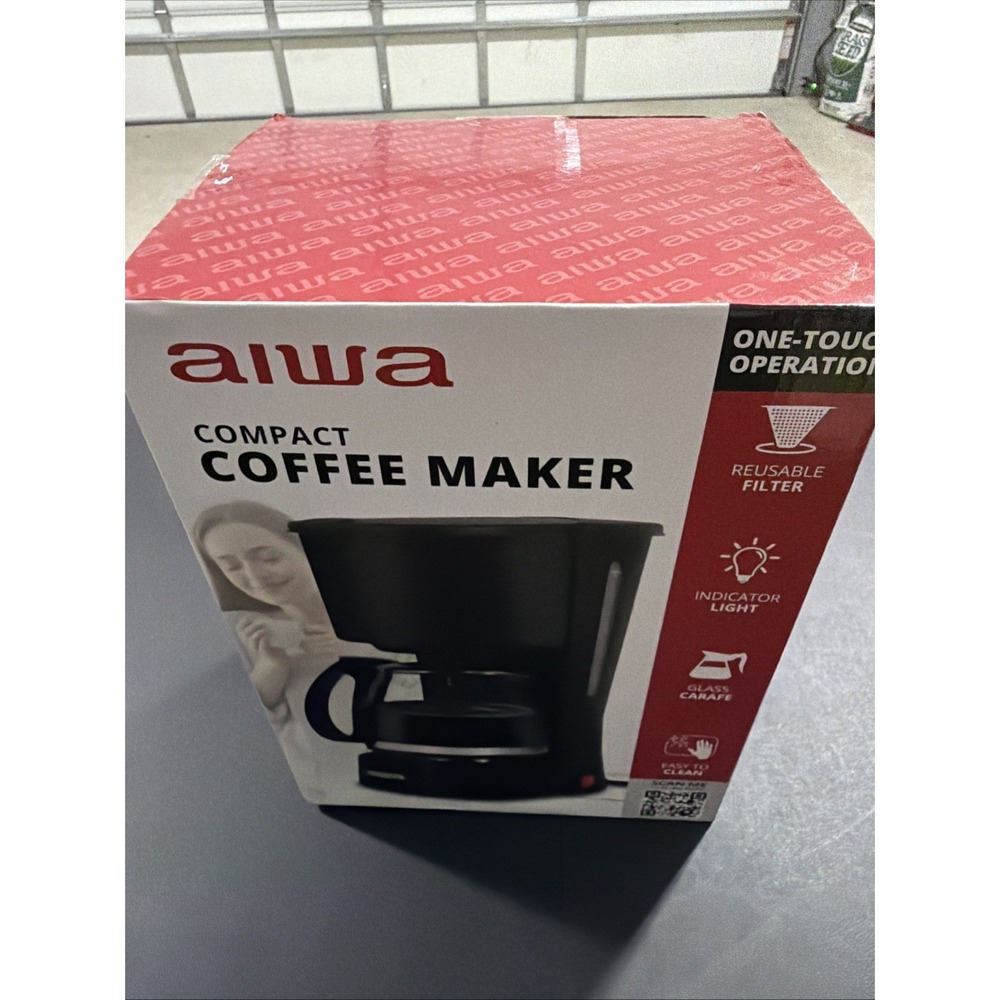 Aiwa Compact 6-Cup Filter Coffee Maker Black 22oz Glass Carafe Reusable Filter